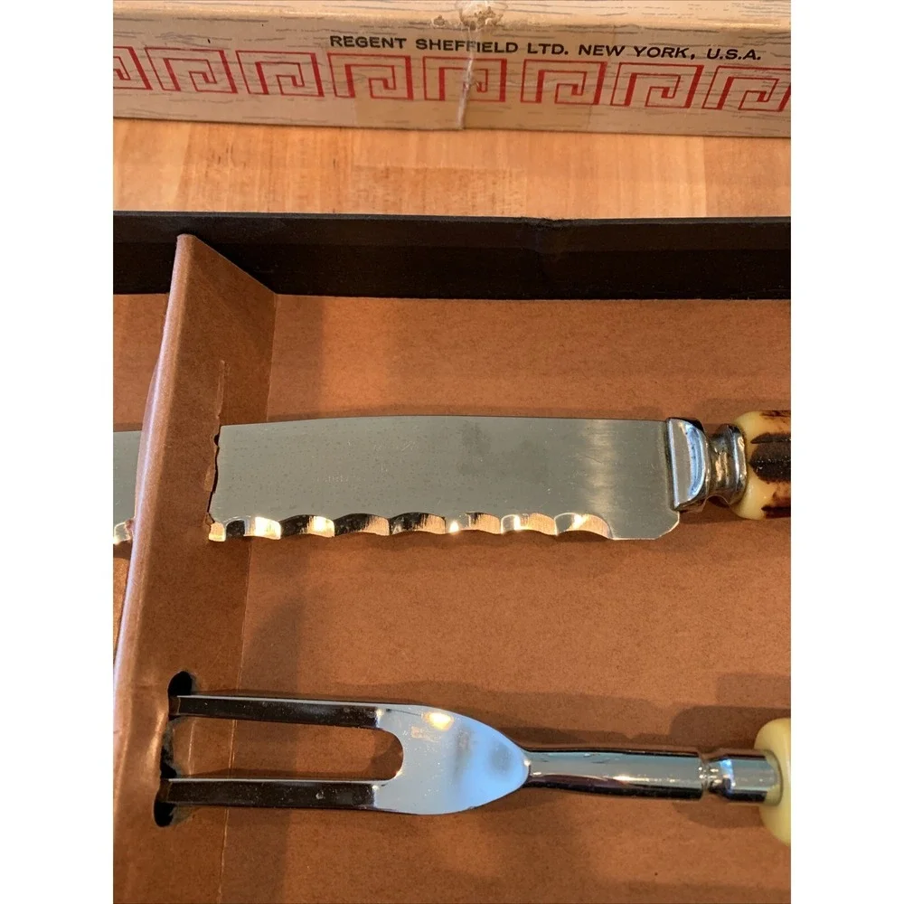 Vtg‎ MCM Warwick Cutlery Set Stainless Sheffield English Blades Faux Stag